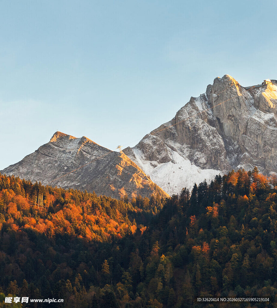 秋日雪山下的斑斓山林