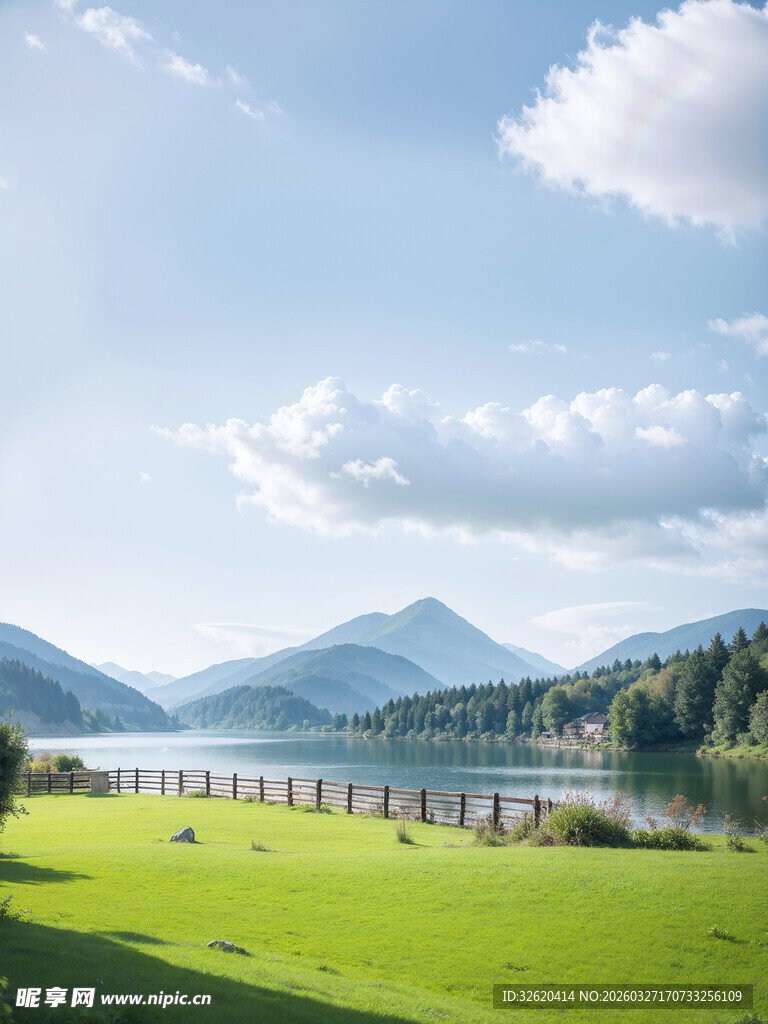 湖畔绿野远山蓝天美景