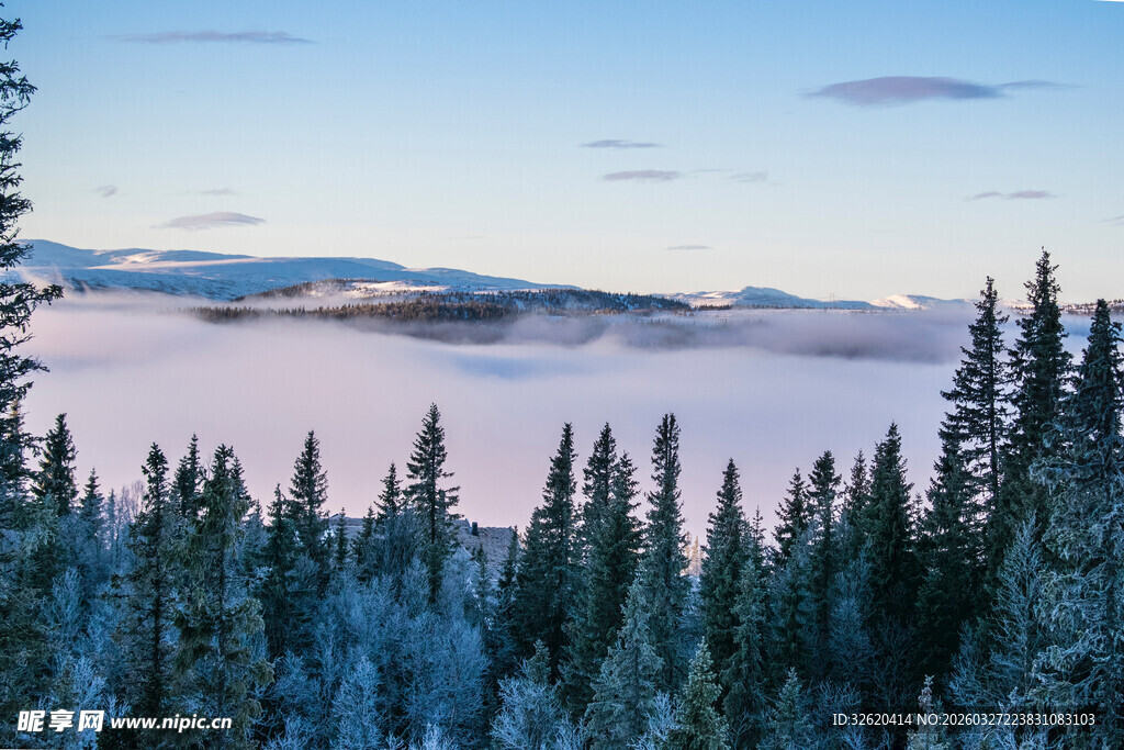 雪覆山林间的云海美景