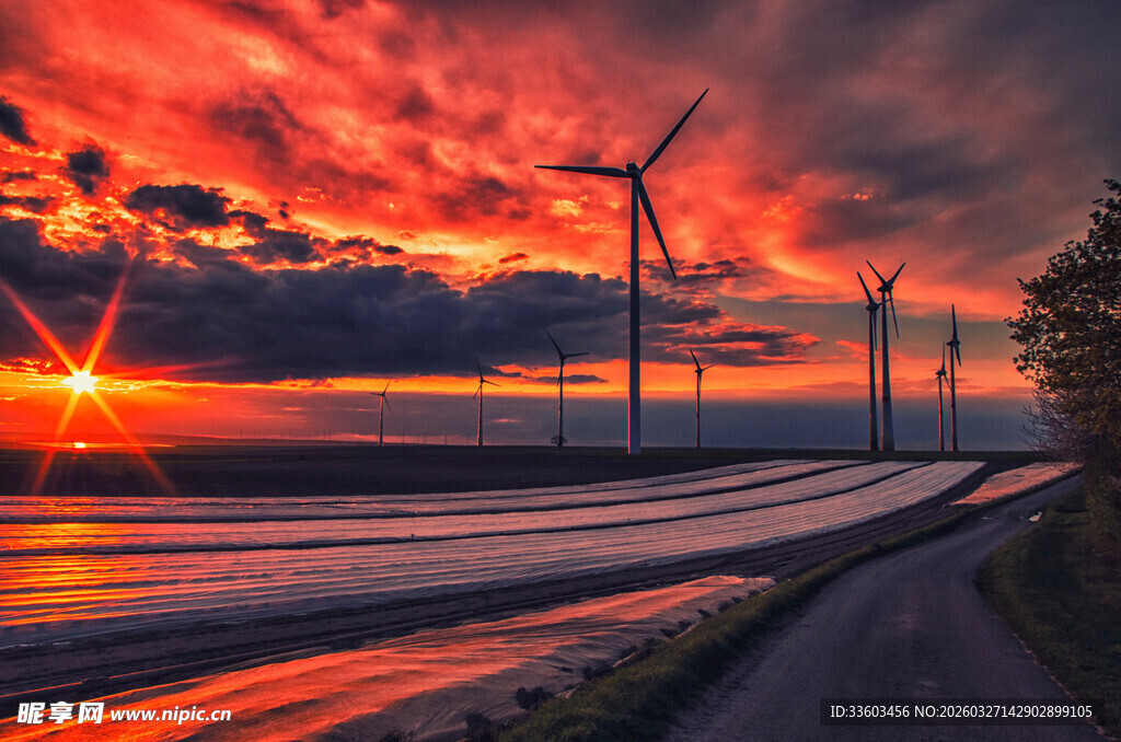 夕阳下的风力发电场美景