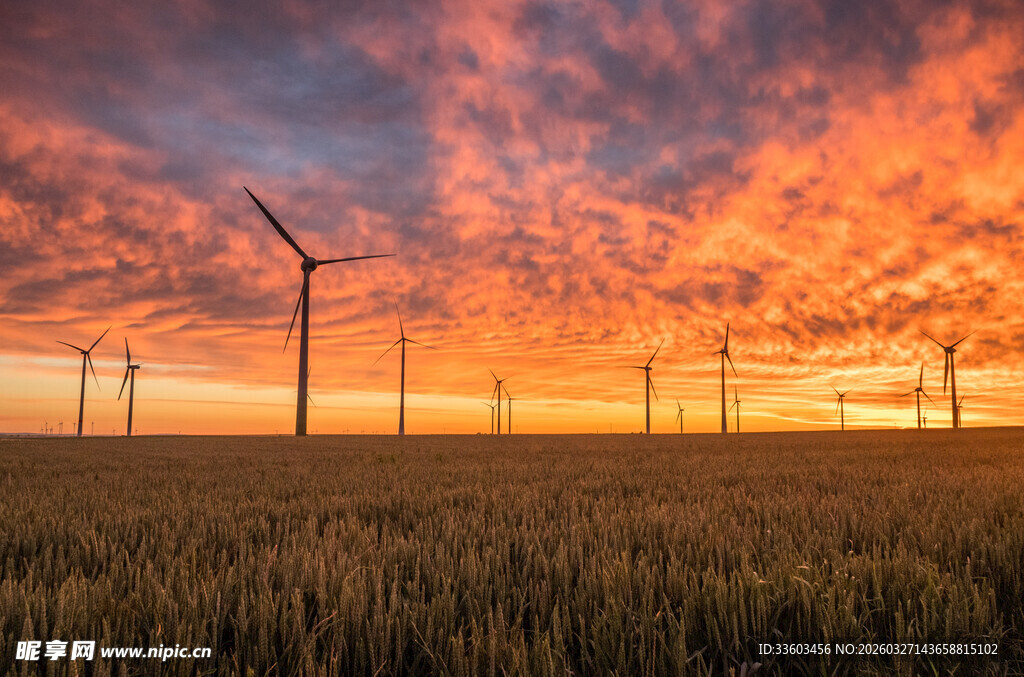 夕阳下的风力发电场美景