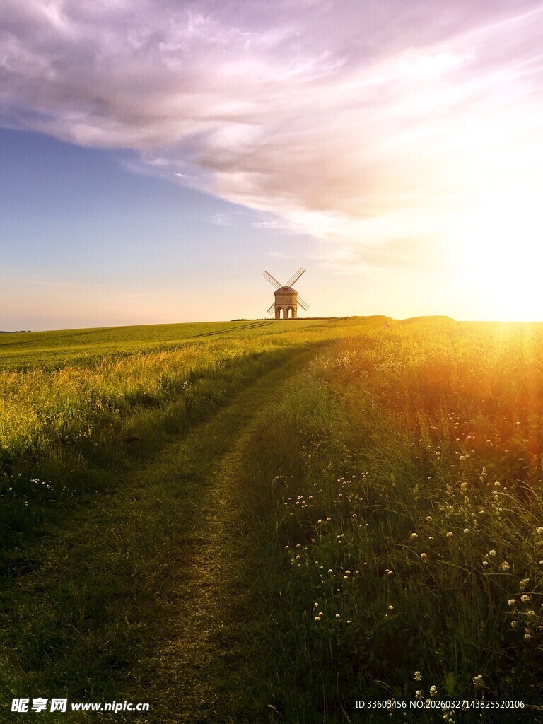 田园日落风车美景
