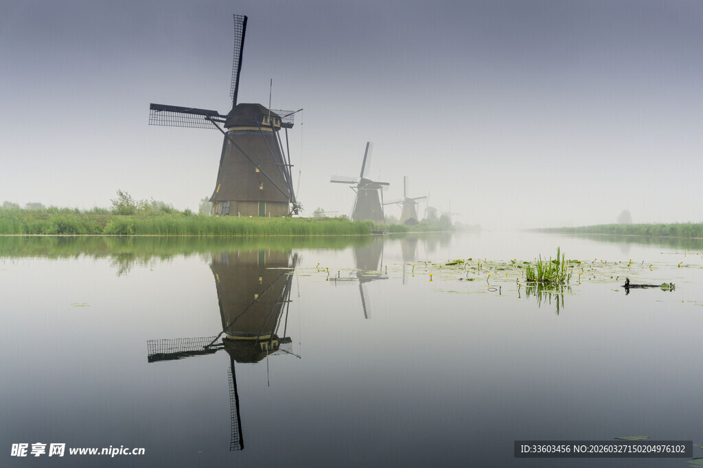 雾中荷兰风车倒影美景