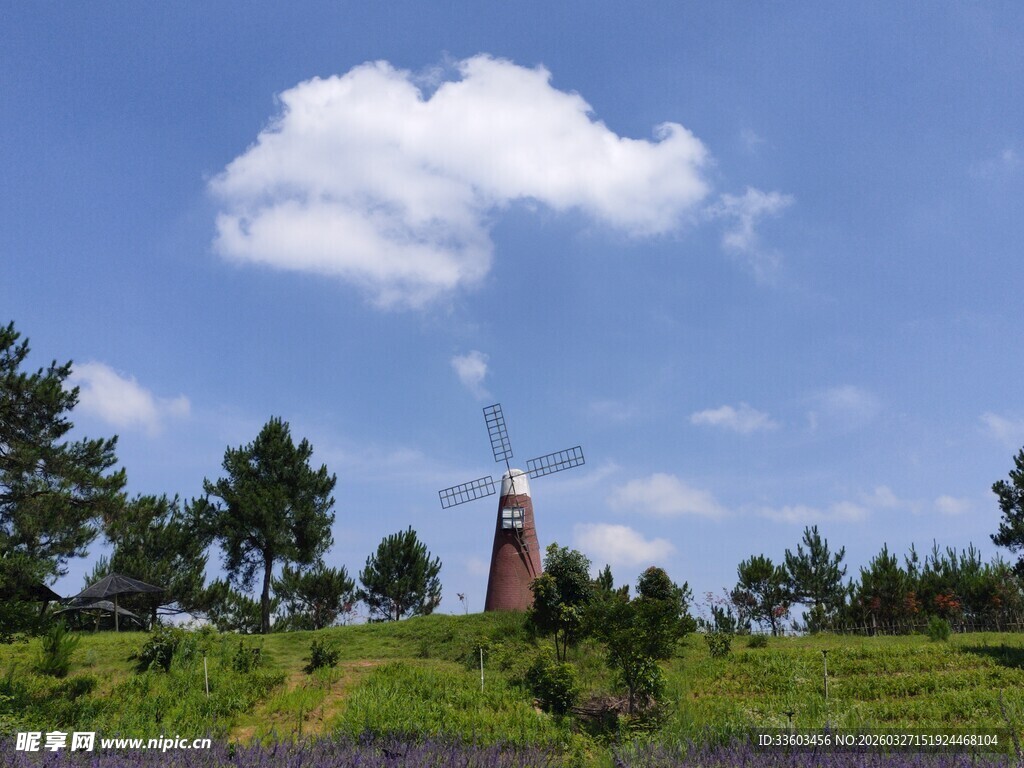 蓝天绿地间的古老风车