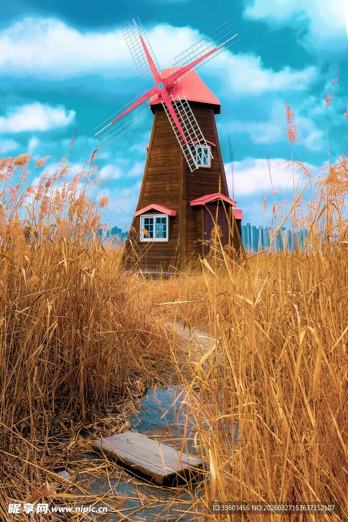 田野中的复古风车景观