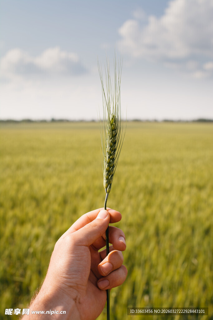 手捧麦穗于广袤麦田