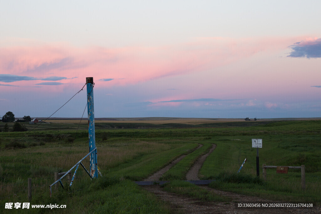 黄昏下的田野与路标