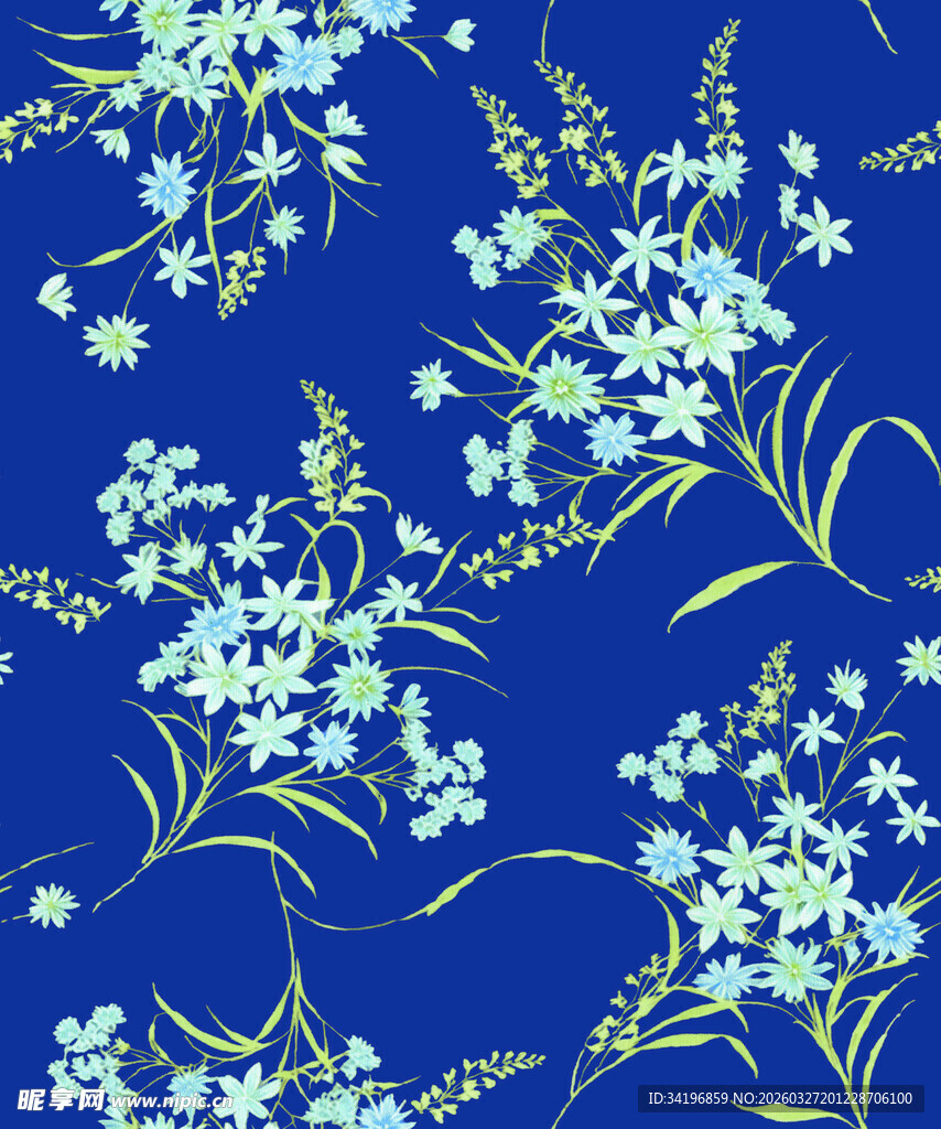 蓝色花卉图案背景布料