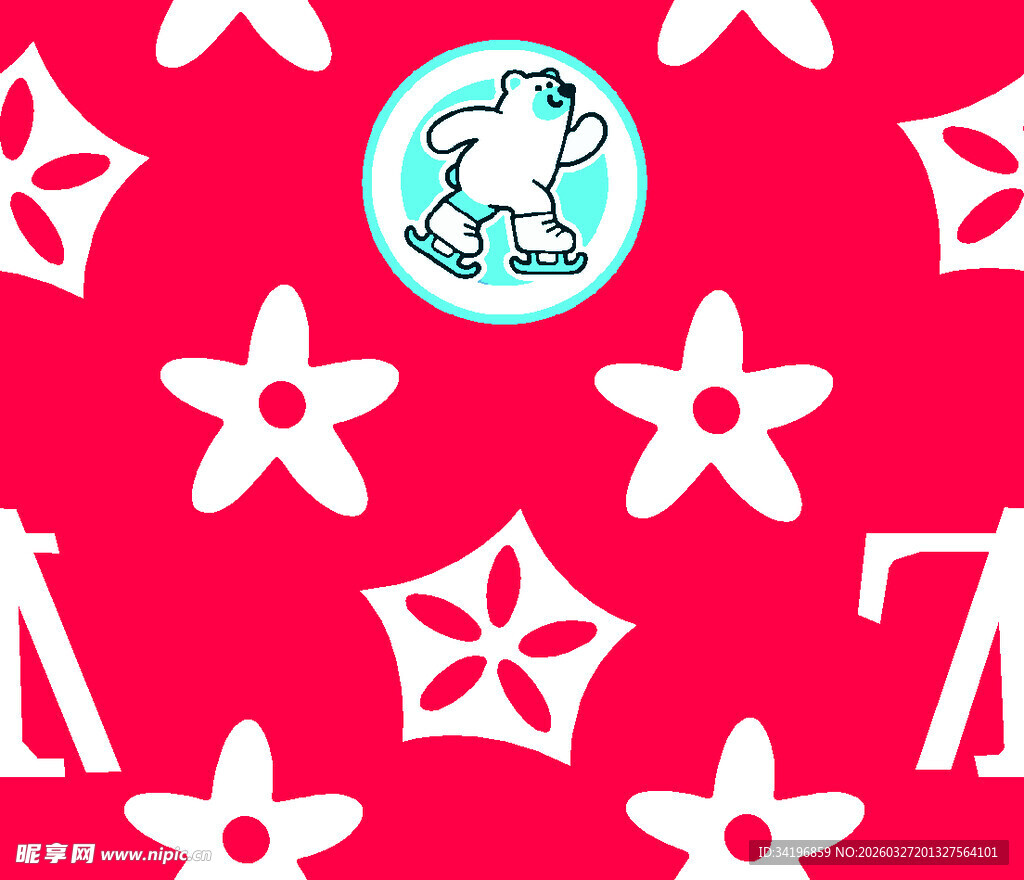 红色底白色图案童趣印花