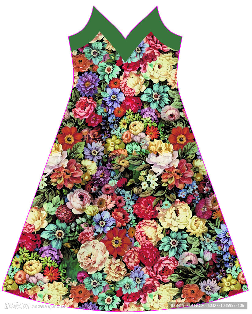 多彩花卉图案V领连衣裙