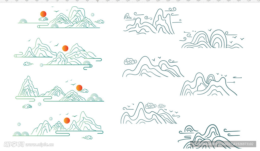 中国风山水线条矢量图图山水线条