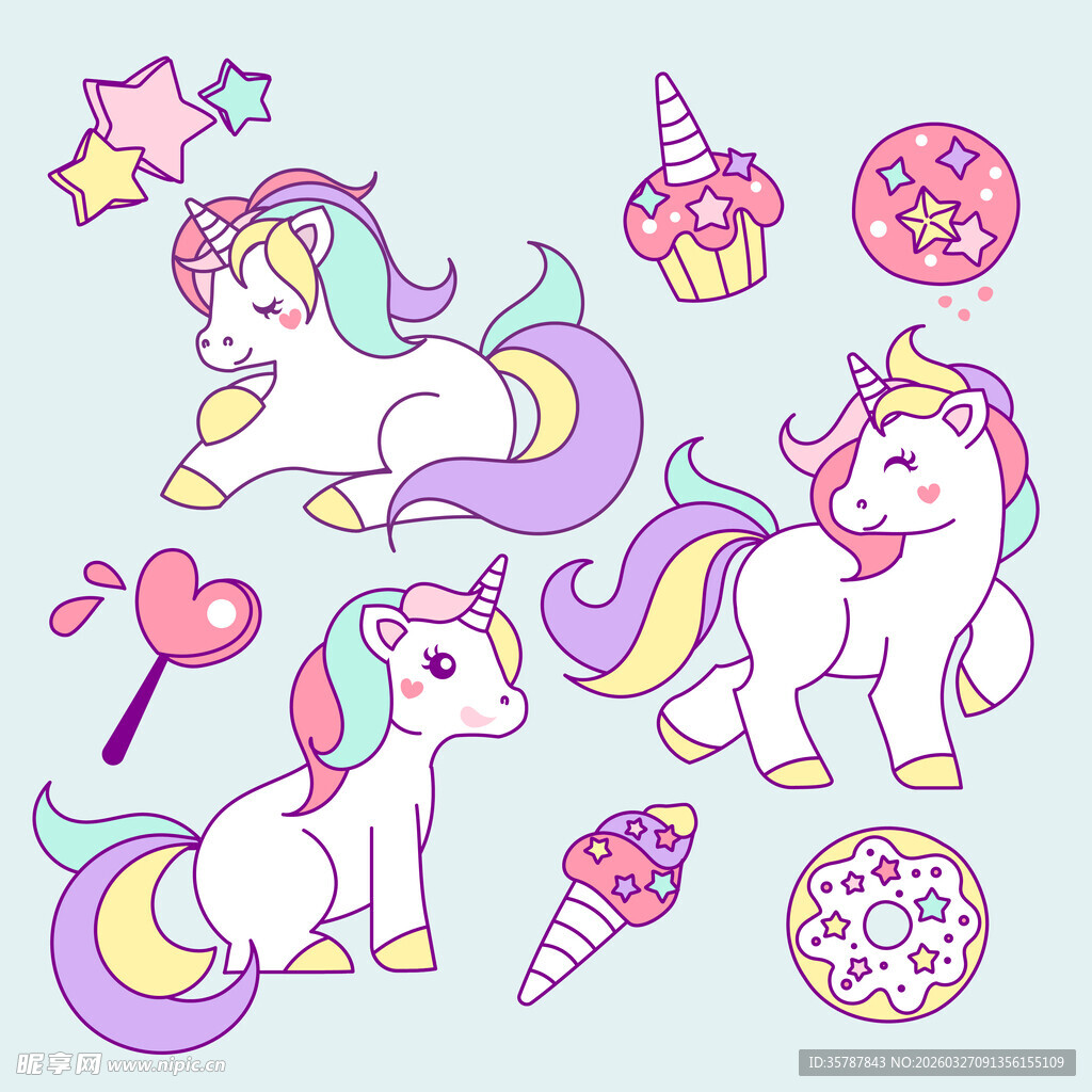可爱独角兽与甜点插画