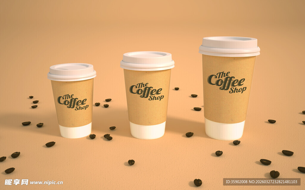 三杯咖啡与散落咖啡豆