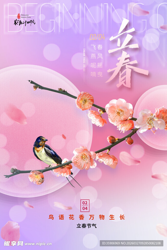 春日桃花与鸟美丽景象