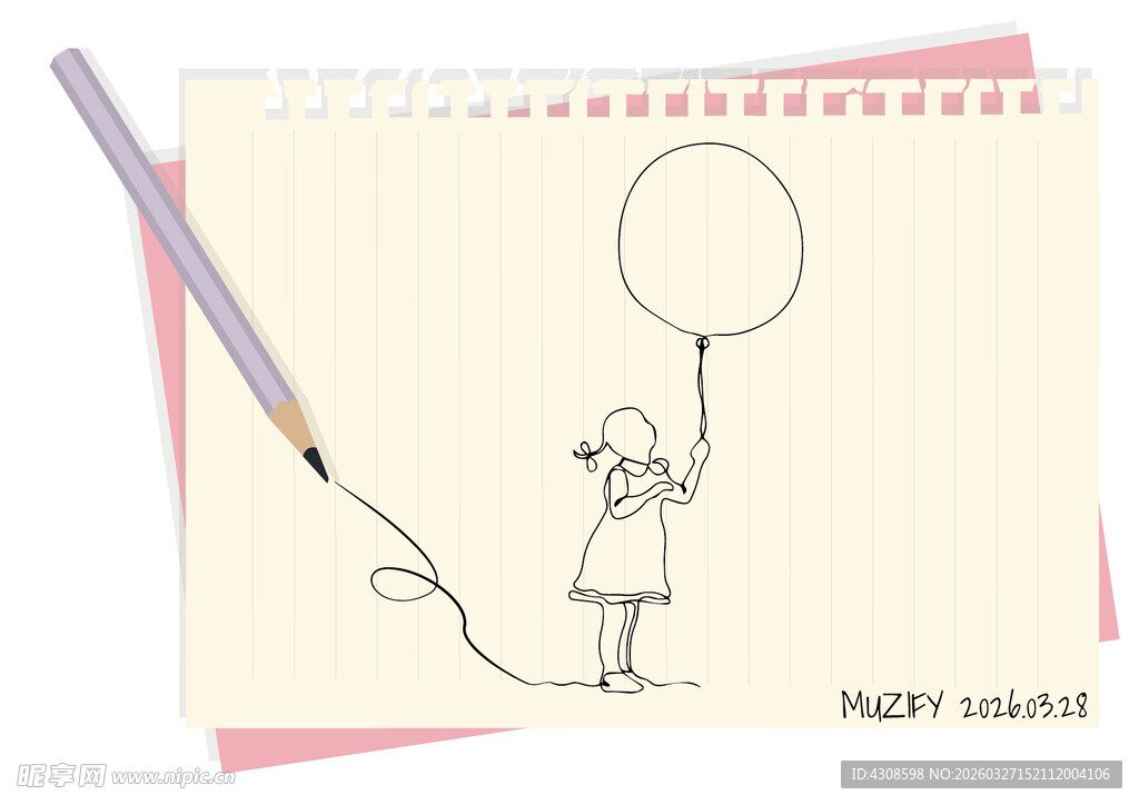 线条画 拿气球的女孩