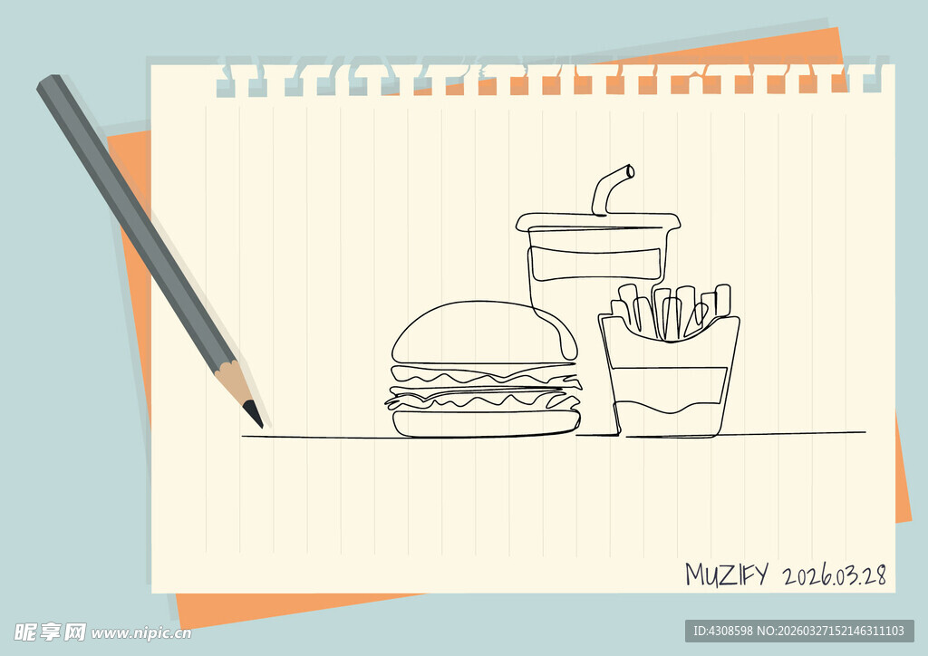 线条画 汉堡 薯条