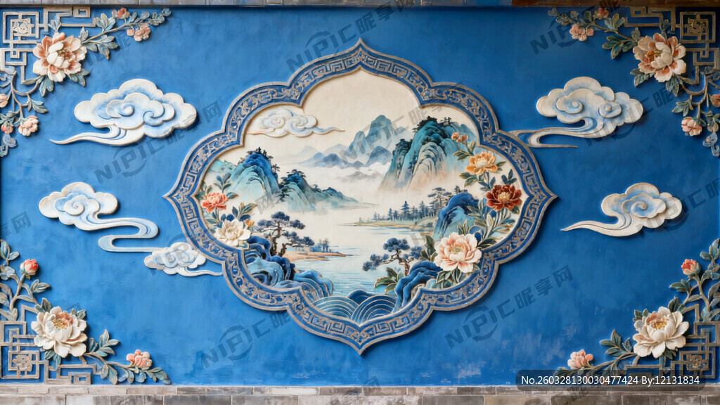 蓝色中国风背景墙