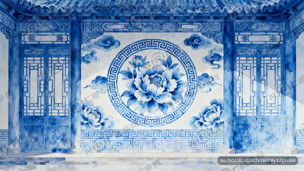 蓝色中国风背景墙素材