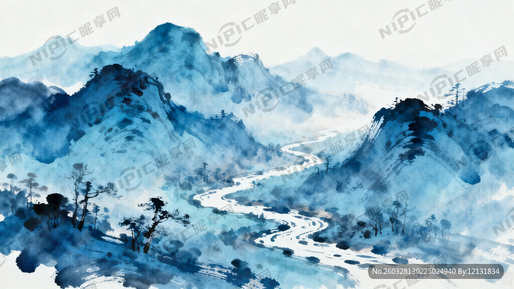 蓝色中国风山水素材