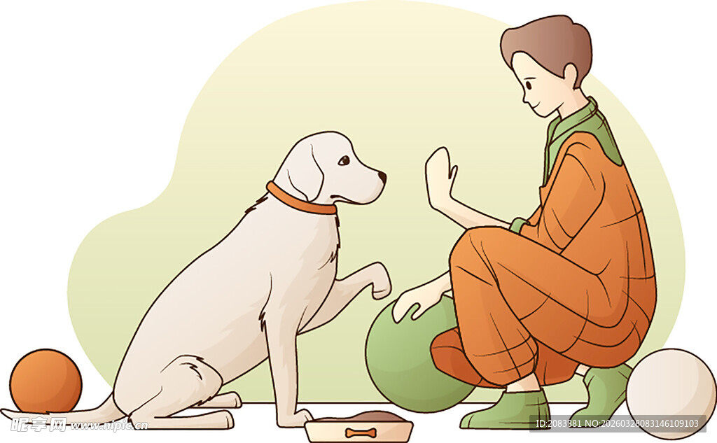 男孩与白狗温馨互动场景