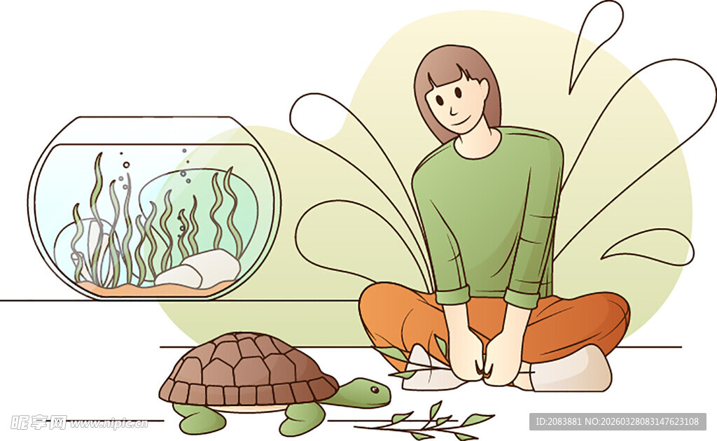 女孩与龟和鱼缸的温馨场景