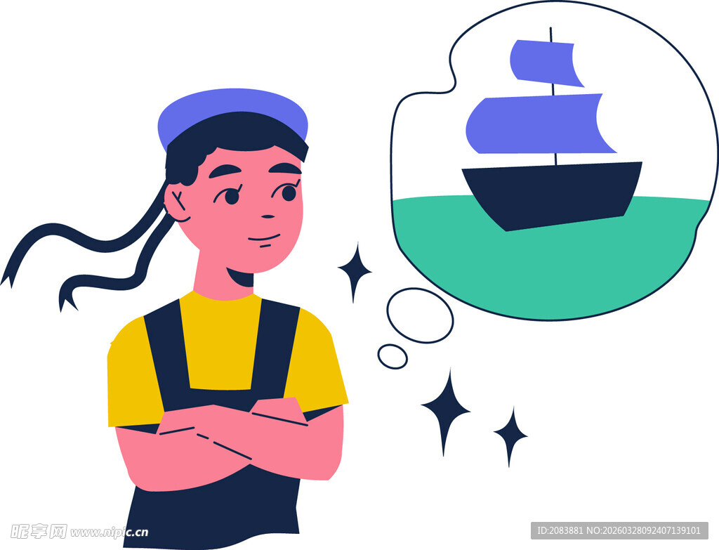 男孩畅想海上航行船