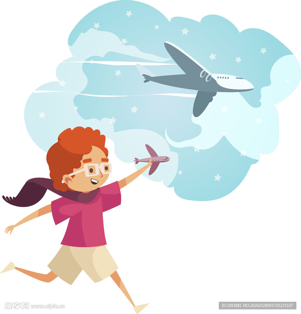 男孩奔跑放飞纸飞机