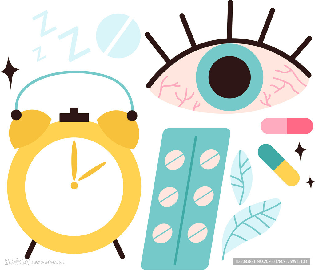 闹钟药片与护眼元素组合