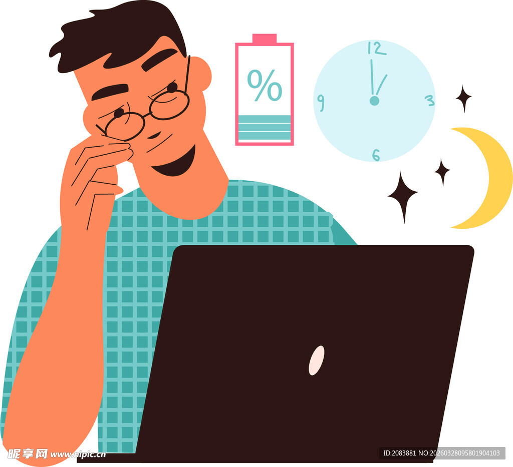 男子夜间专注使用笔记本电脑