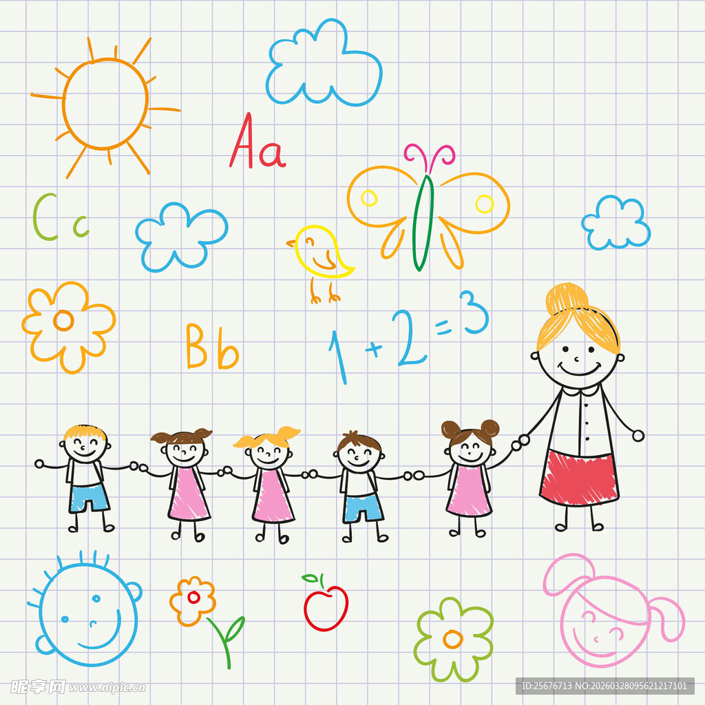 儿童手拉手的欢乐涂鸦场景