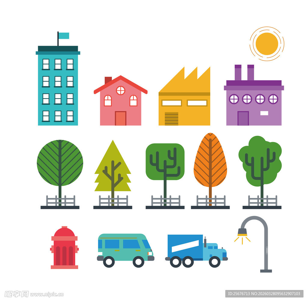 城市建筑与街道元素插画