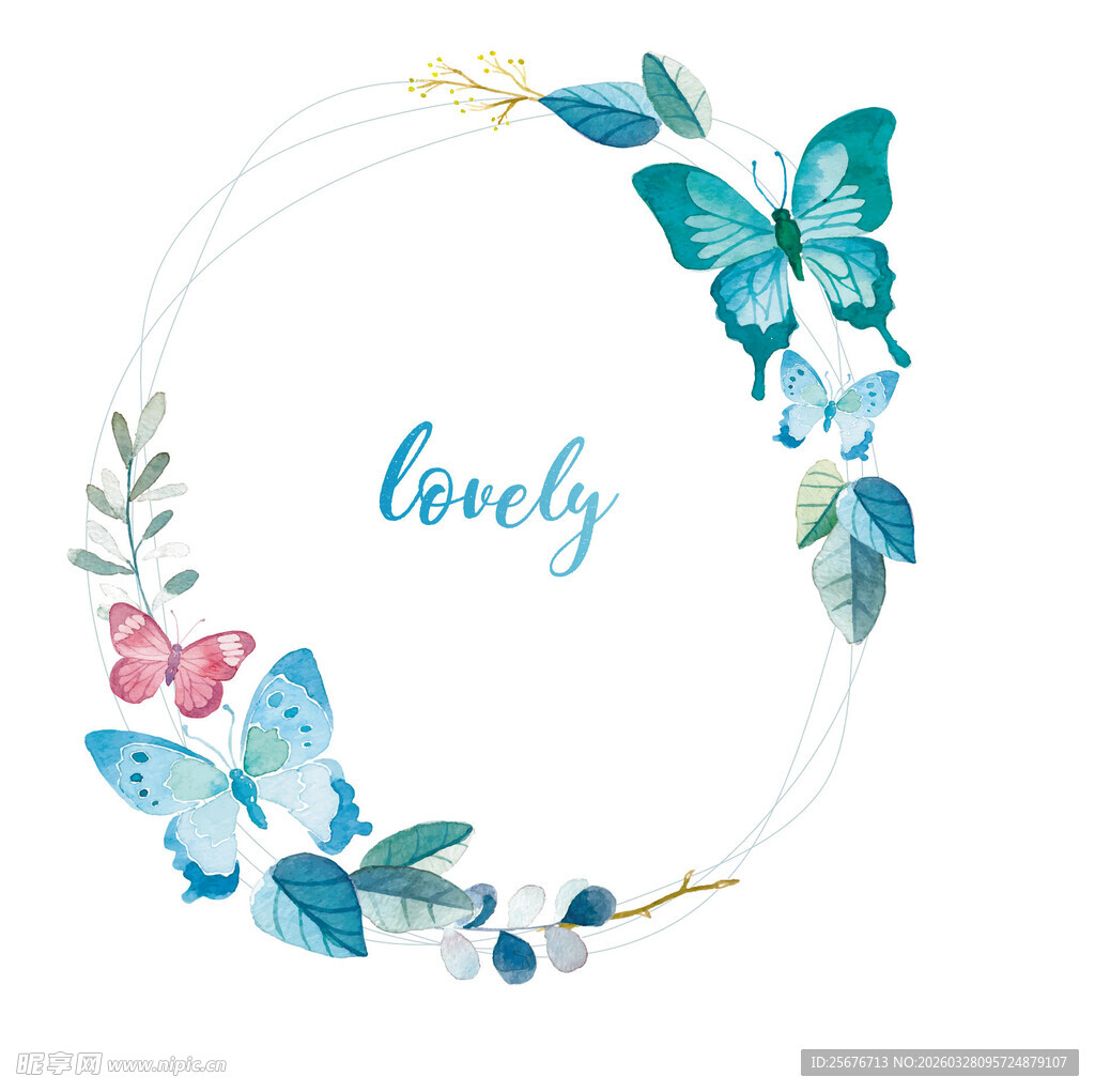 水彩蝴蝶花环装饰图案