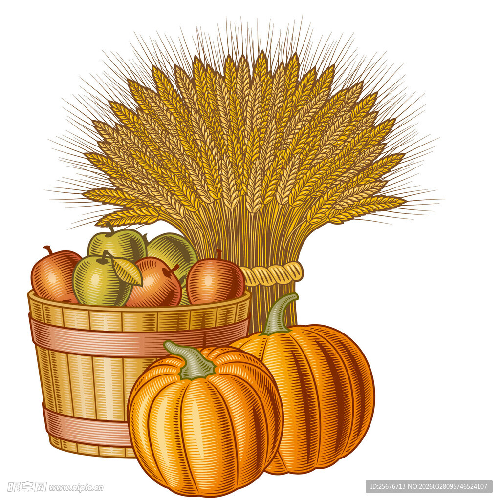 丰收蔬果与金黄麦穗组合