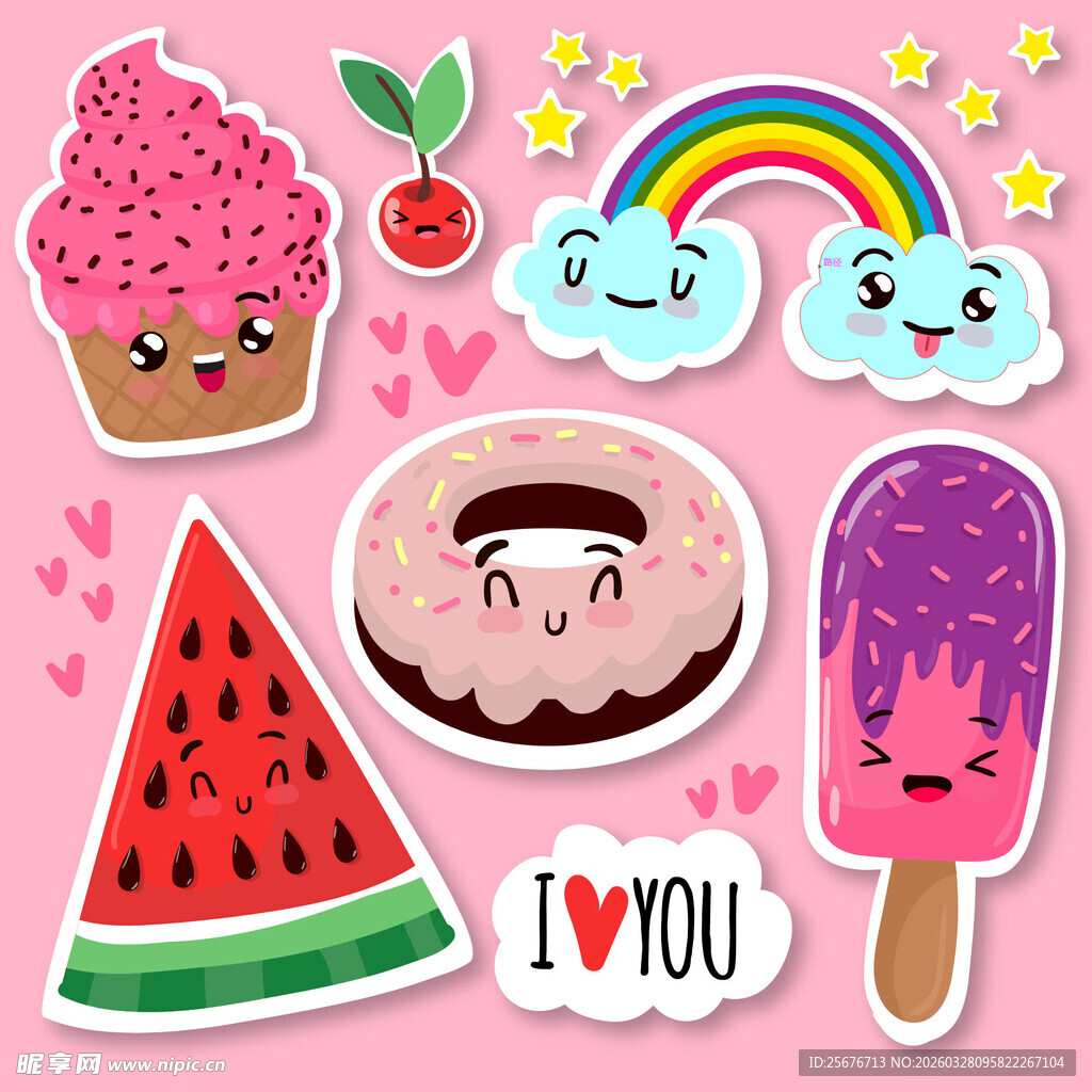 可爱甜点与夏日元素插画