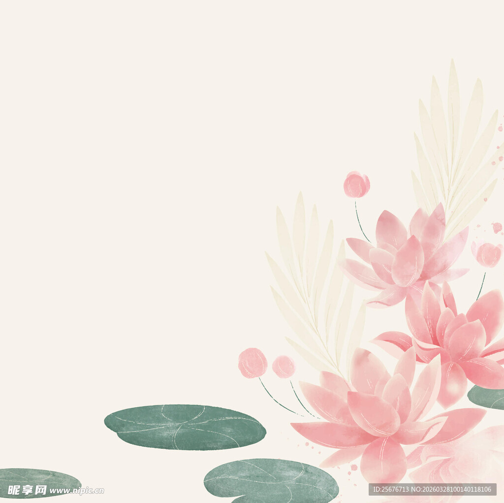 水墨风粉色荷花与荷叶