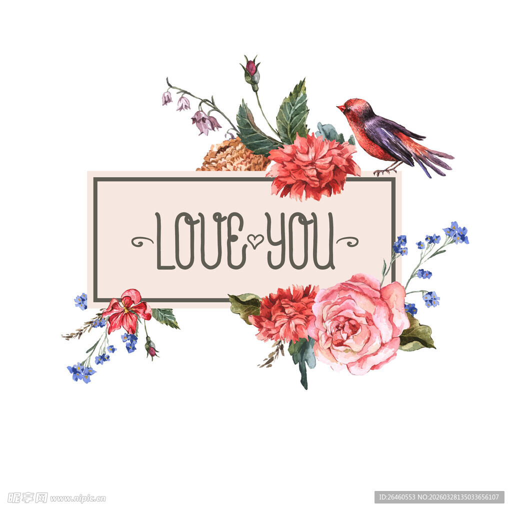 花卉小鸟装饰的爱意文字