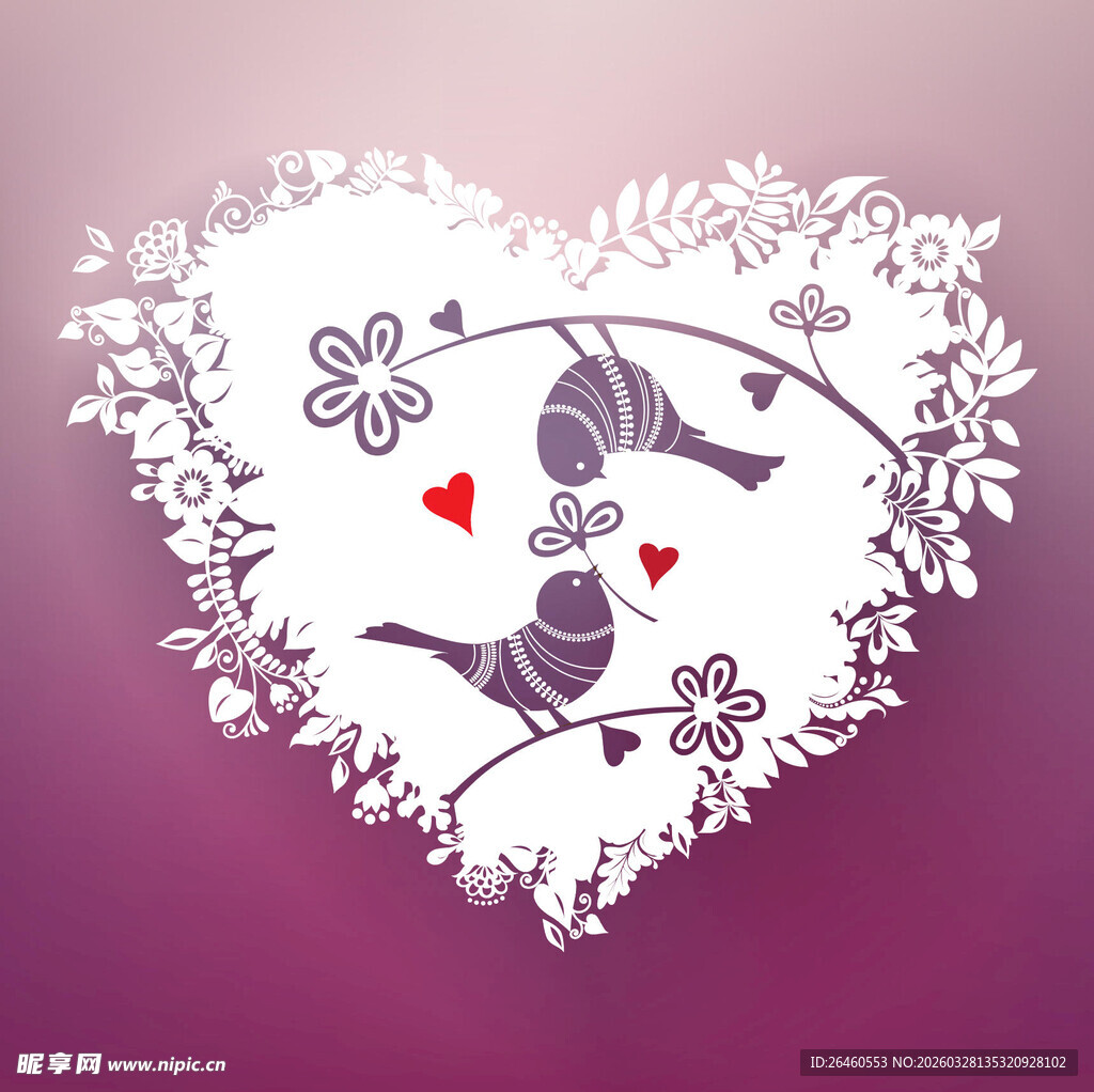 心形中双鸟与花卉图案