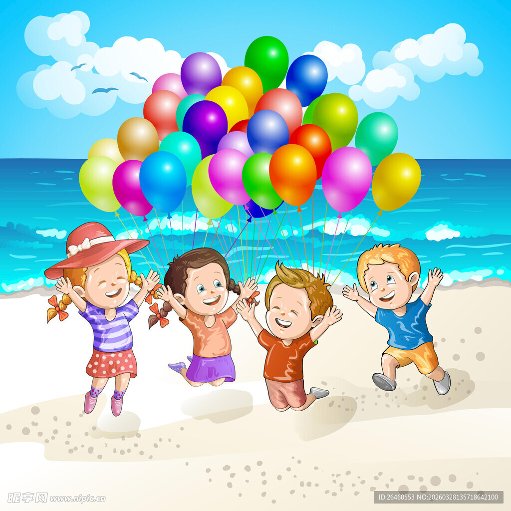 海滩上孩子与彩色气球