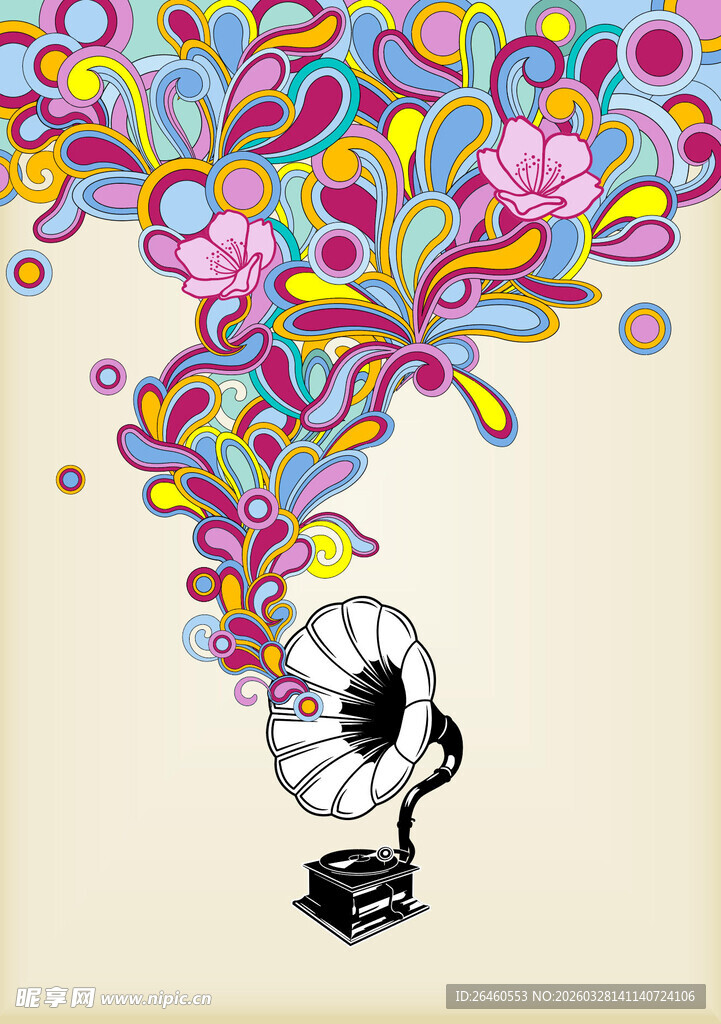 复古唱片机绽放绚烂花卉