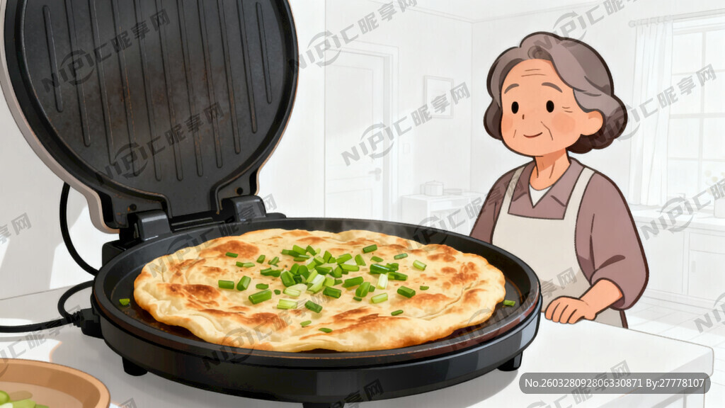 卡通中年女性 电饼炉 室内