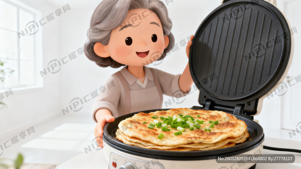 卡通中年女性 电饼炉 室内