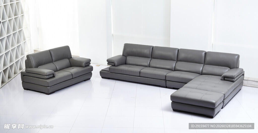 现代简约灰色真皮沙发组合
