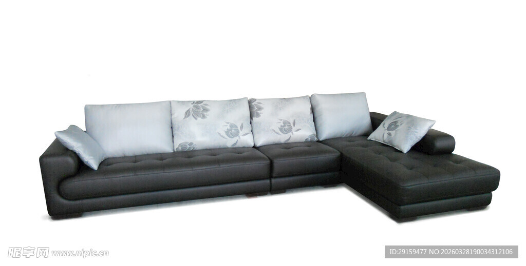 现代黑色转角真皮沙发