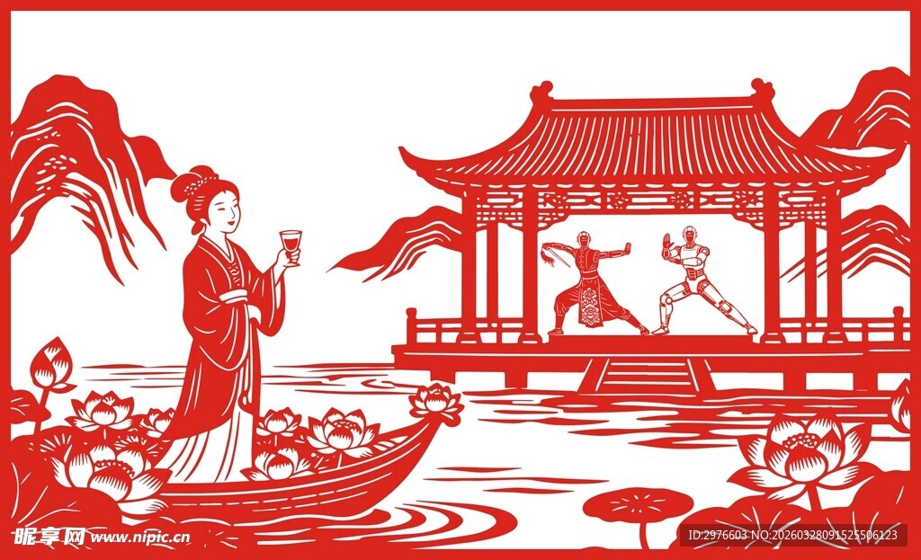 古典佳人于亭畔泛舟图景