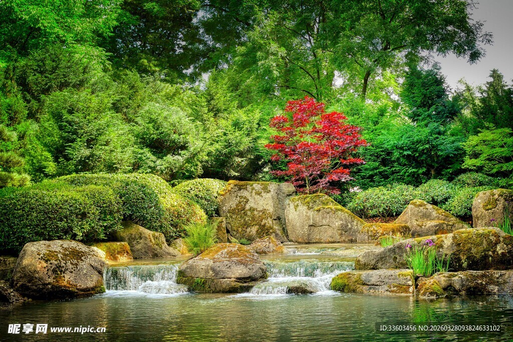 日式园林溪流红叶景致