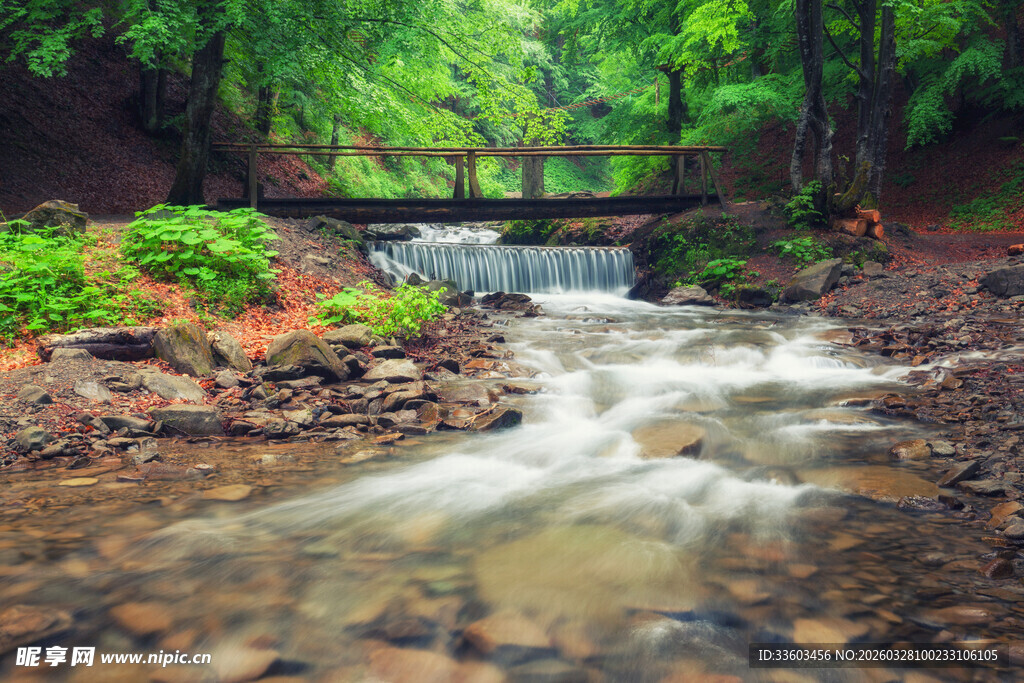 林间溪流上的古朴小桥