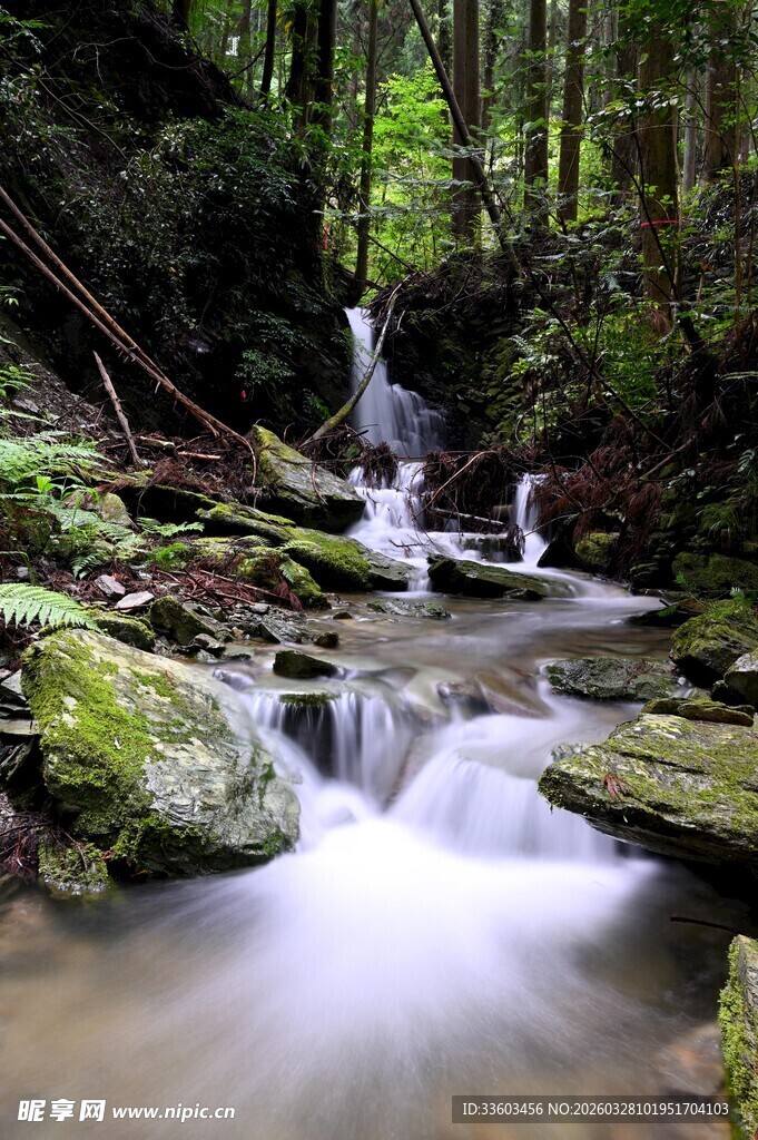 山林间的潺潺溪流瀑布