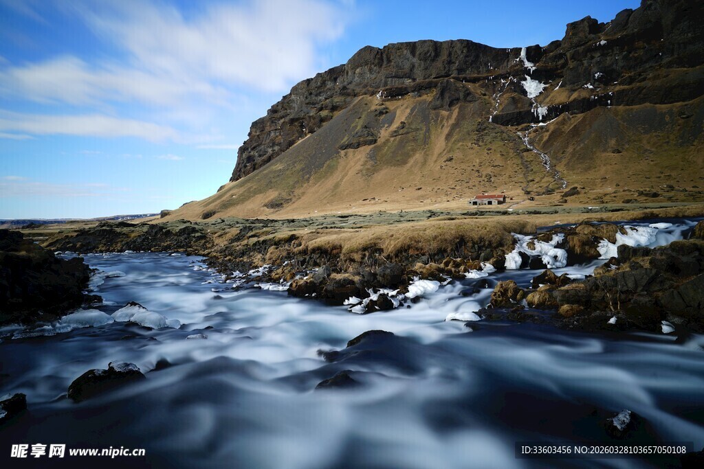 冰岛海岸湍急溪流与山峦
