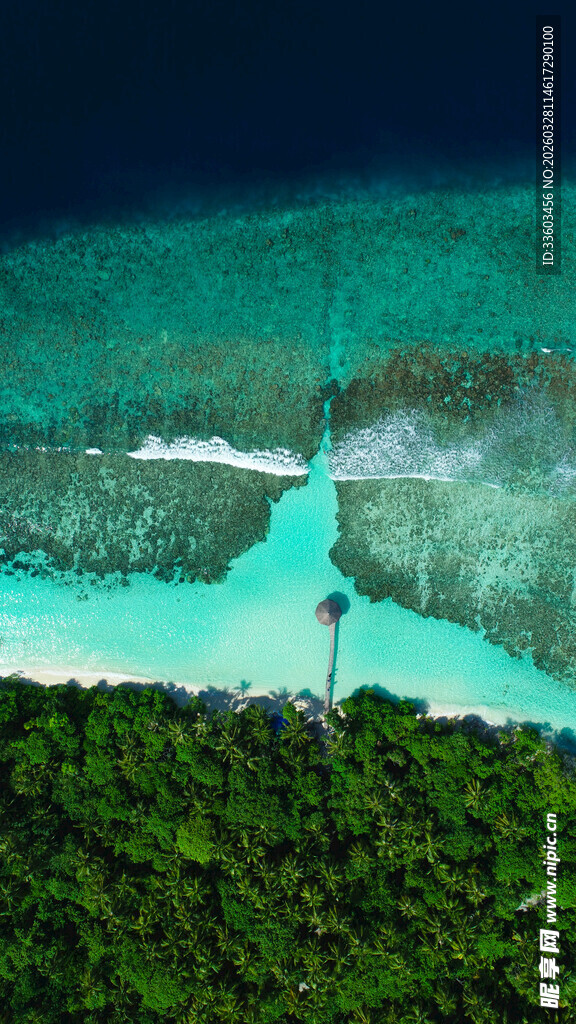 俯瞰海岛葱郁植被与浅滩