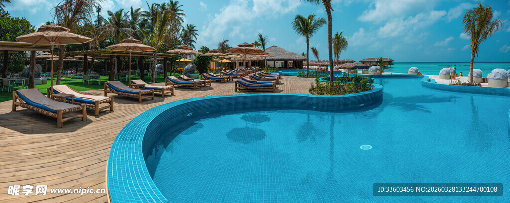 热带泳池边的惬意度假场景